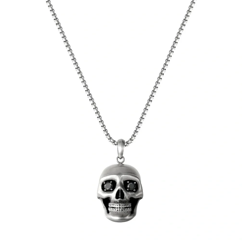 Brilliance Men’s Stainless Steel Simulated Diamond Skull Pendant Necklace 22 In